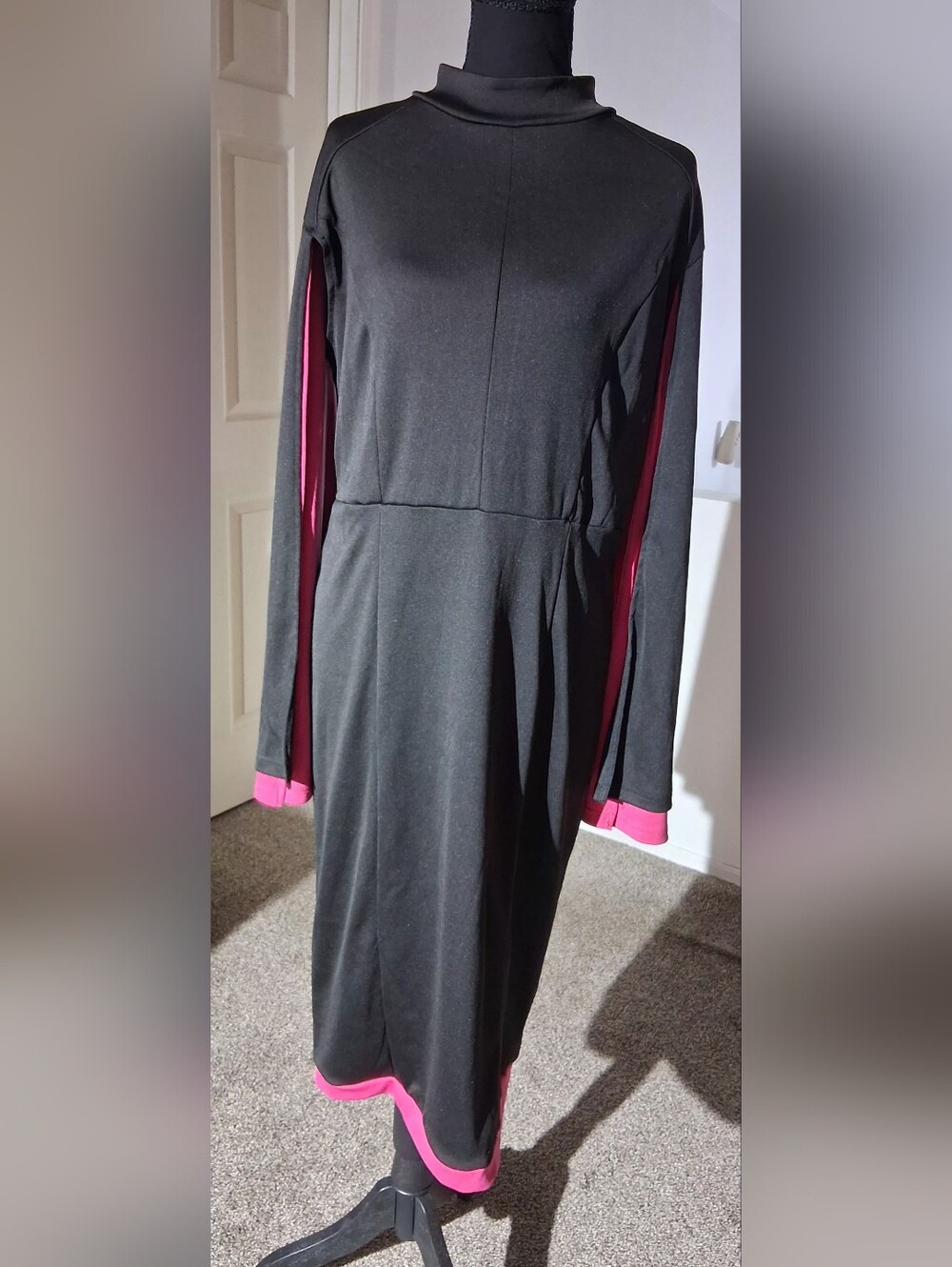 NWOT-Black Cloak Cape Dress with Pink Trim - Women's Long Sleeve Midi Dress